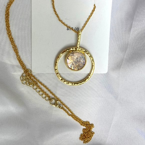 Toni Genuine Mother of Pearl Gold Long Necklace Round 17mm Pendant NWT - Picture 2 of 3